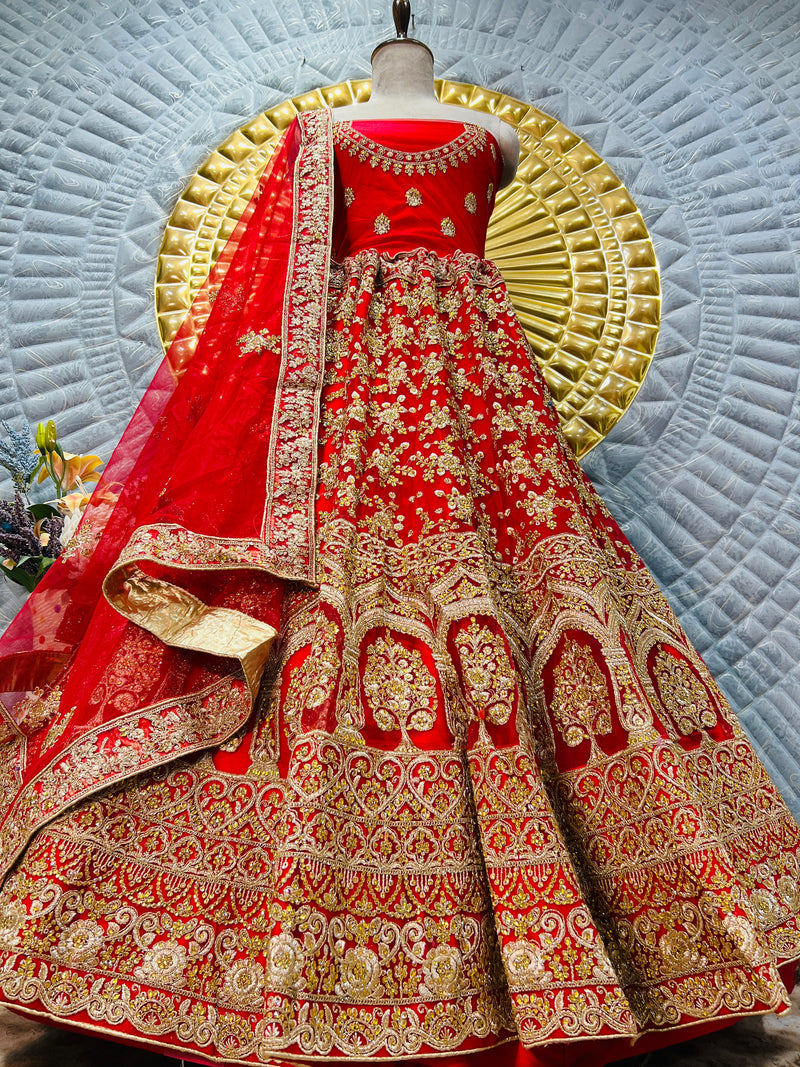 Vibrant Red Silk Bridal Lehenga with Golden Threadwork