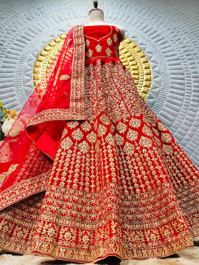 Scarlet Red Bridal Lehenga with All-Over Gold Embroidery