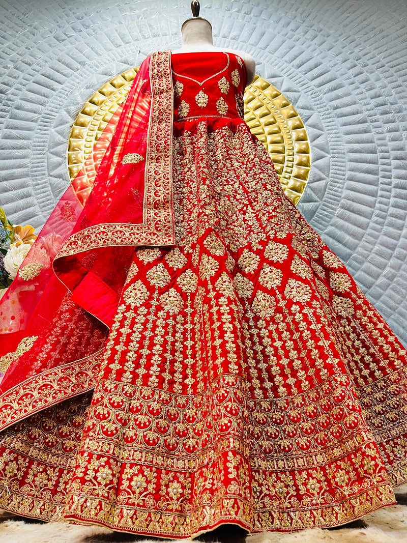 Scarlet Red Bridal Lehenga with All-Over Gold Embroidery