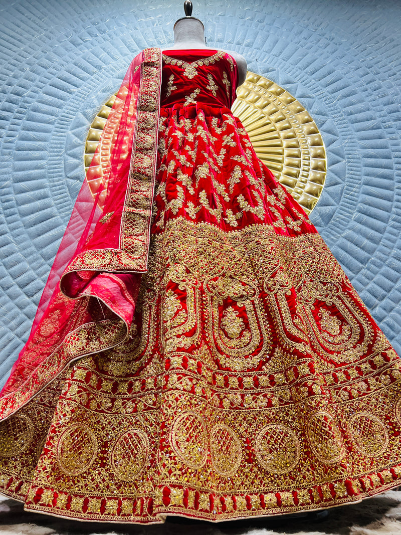 Opulent Deep Red Bridal Lehenga with Heavy Golden Zari Work