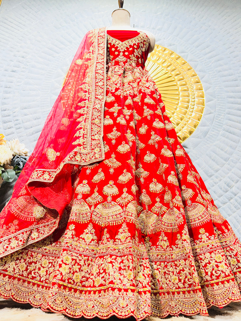 Regal Ruby Red Bridal Lehenga with Scalloped Zari & Sequin Artistry