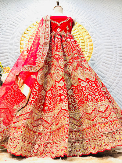 Classic Bridal Red Lehenga with All-Over Intricate Zari Work