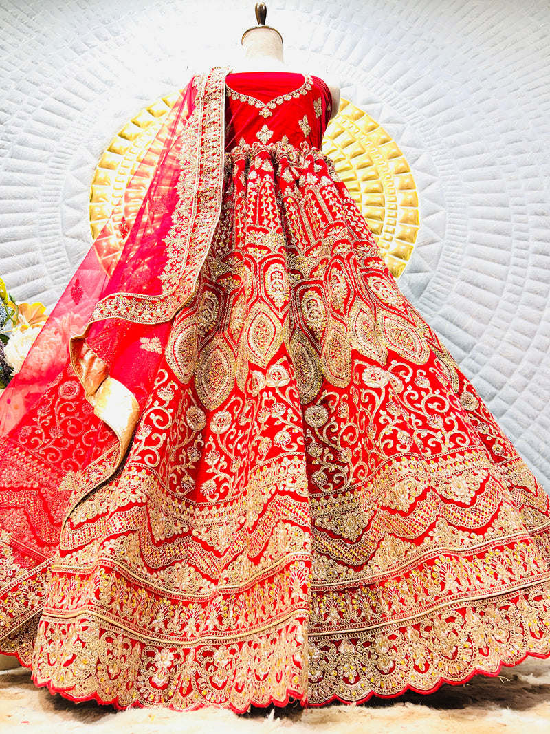 Classic Bridal Red Lehenga with All-Over Intricate Zari Work