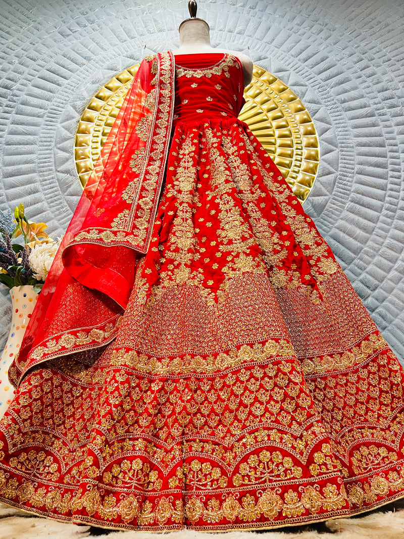 Royal Red Bridal Lehenga with Exquisite Gold Zari & Sequin Embroidery