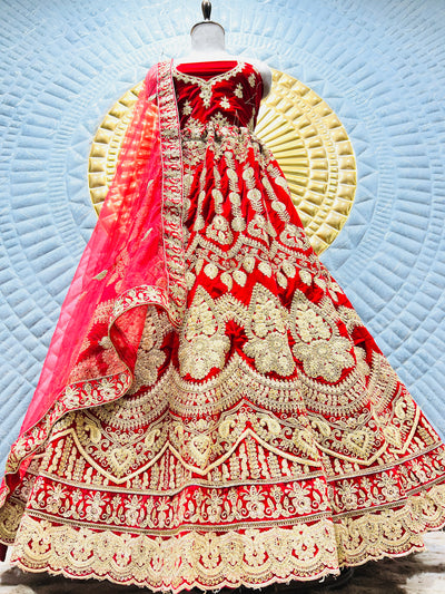 Magnificent Deep Red Bridal Lehenga with Ornate Gold Dabka Work