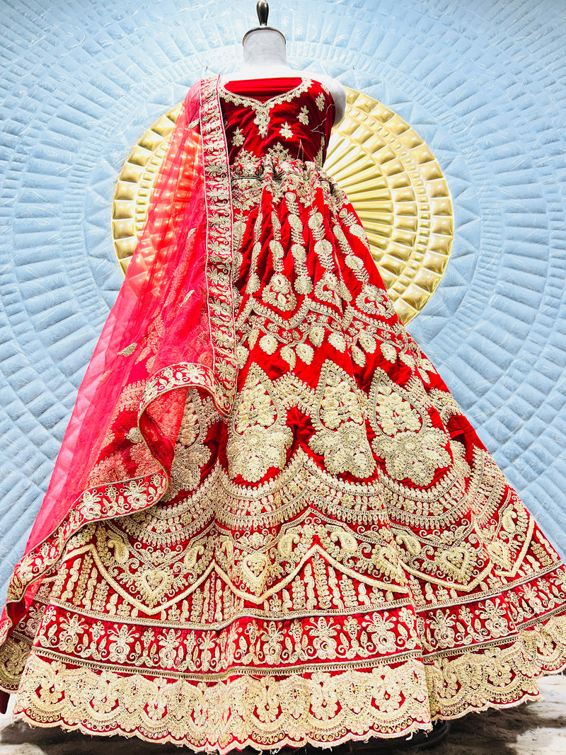Magnificent Deep Red Bridal Lehenga with Ornate Gold Dabka Work