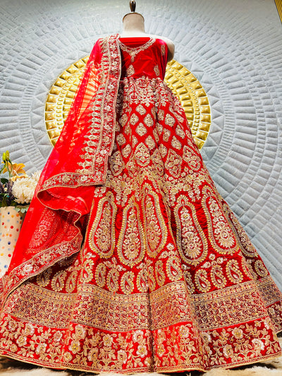 Dazzling Vibrant Red Bridal Lehenga with Rich Zari & Sequin Embellishments