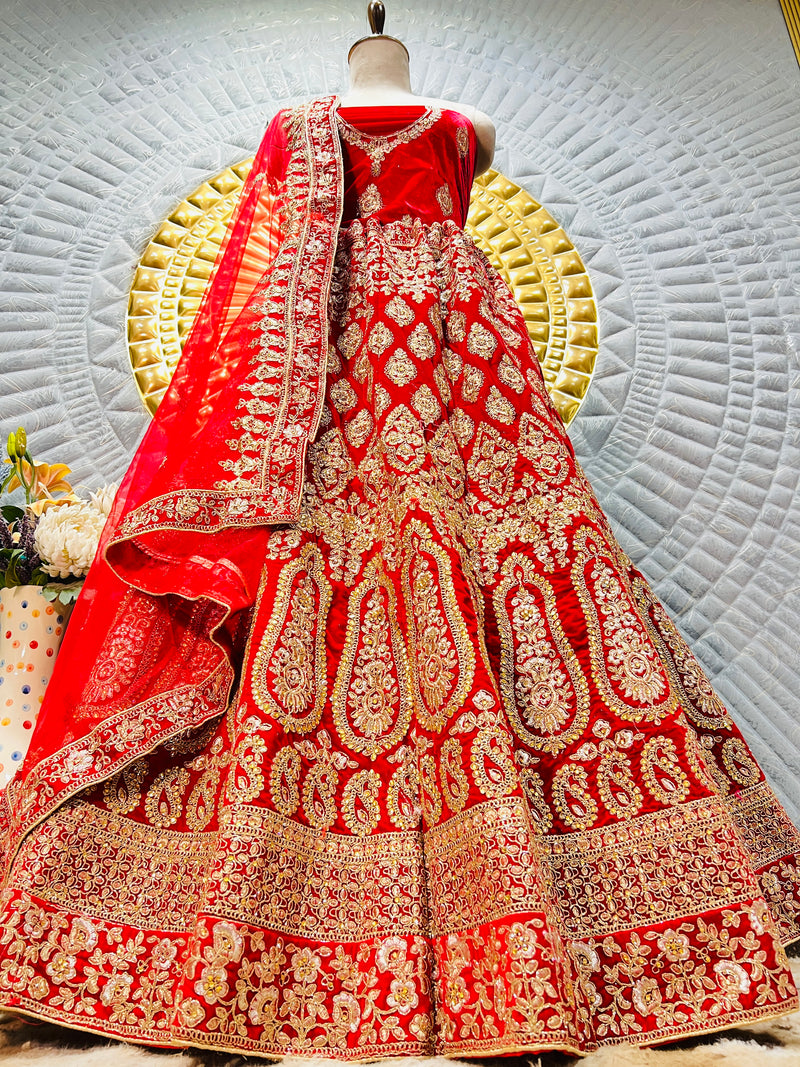 Dazzling Vibrant Red Bridal Lehenga with Rich Zari & Sequin Embellishments