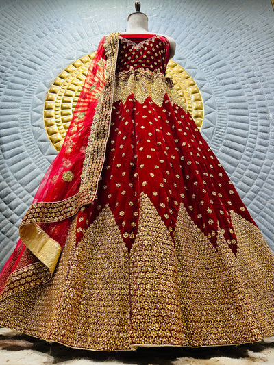 Sumptuous Maroon Velvet Bridal Lehenga with Heavy Gold Bead & Zari Work
