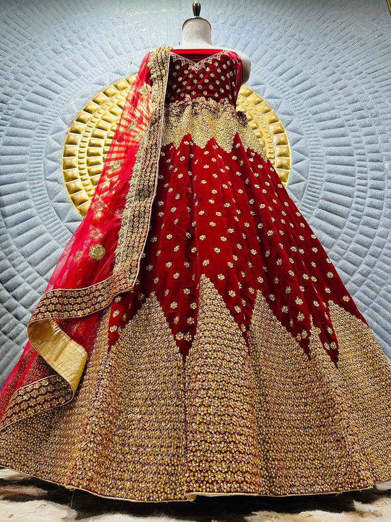 Sumptuous Maroon Velvet Bridal Lehenga with Heavy Gold Bead & Zari Work