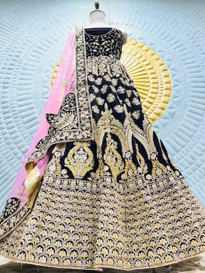 Sophisticated Navy Blue Velvet Bridal Lehenga with Gold & Silver Zari