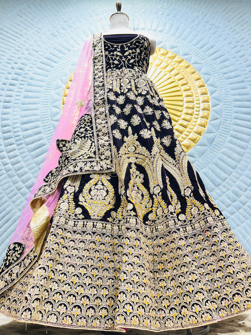 Sophisticated Navy Blue Velvet Bridal Lehenga with Gold & Silver Zari