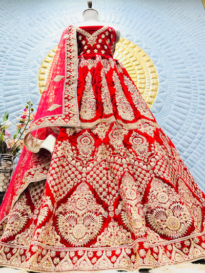 Opulent Radiant Red Velvet Bridal Lehenga with Gold Stones & Pearl Work