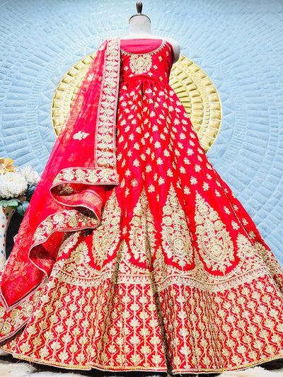 Classic Bright Red Bridal Lehenga with Rich Gold Zari Embroidery