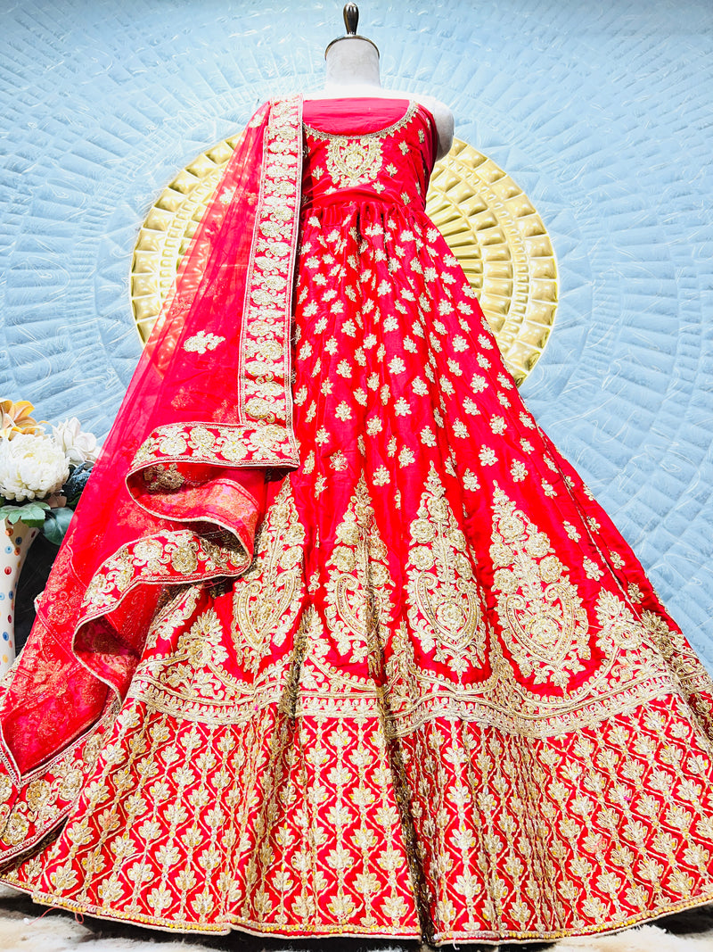 Classic Bright Red Bridal Lehenga with Rich Gold Zari Embroidery