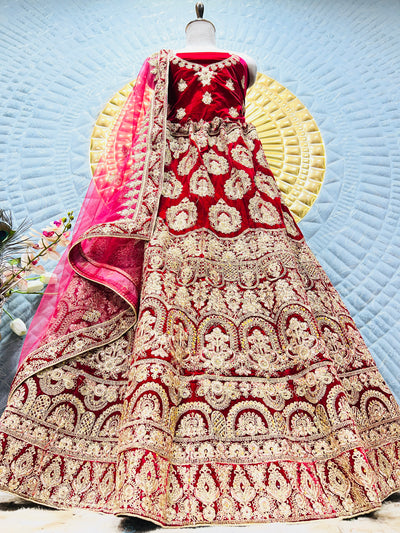 Regal Ruby Red Velvet Bridal Lehenga Choli with Grand Zari & Sequin Work