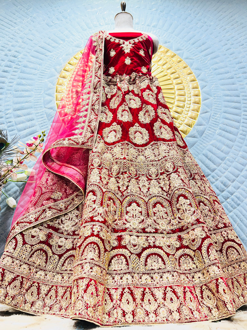 Regal Ruby Red Velvet Bridal Lehenga Choli with Grand Zari & Sequin Work