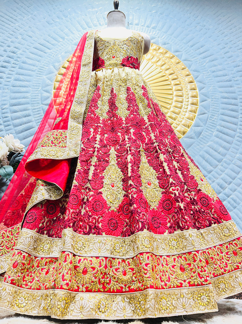 Opulent Scarlet Red & Gold Bridal Lehenga with Floral Dori Embroidery