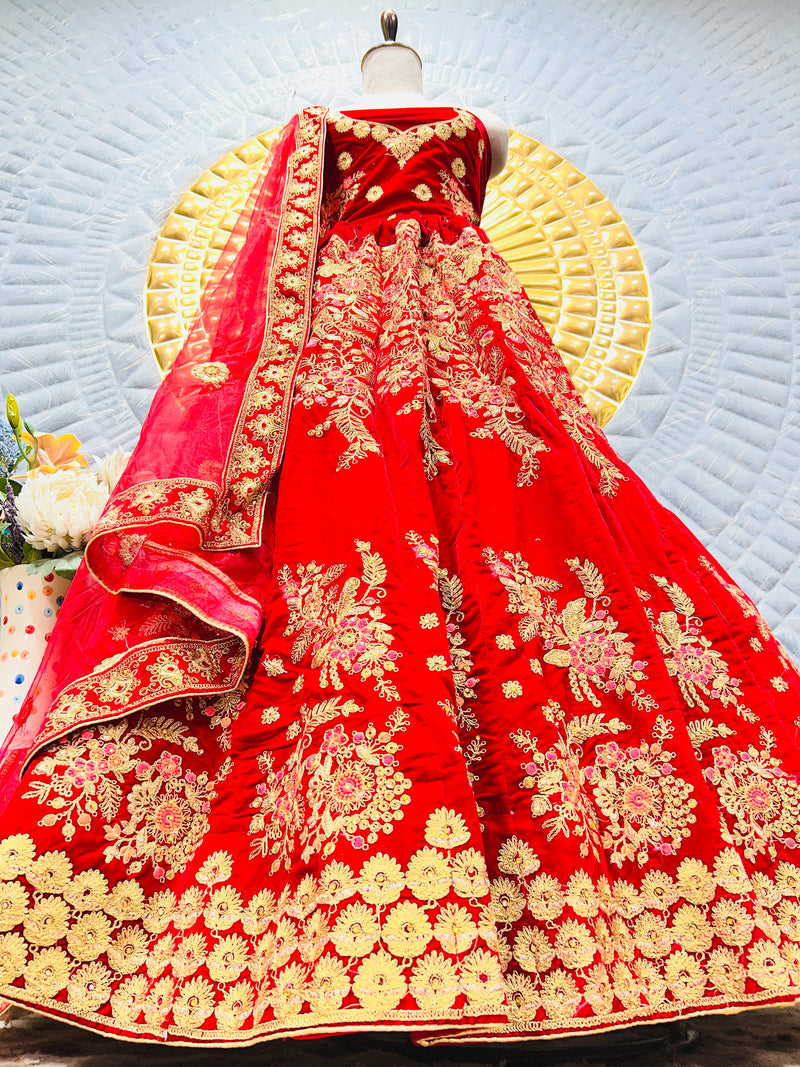 Exquisite Deep Red Velvet Bridal Lehenga with Multi-Thread Floral Design