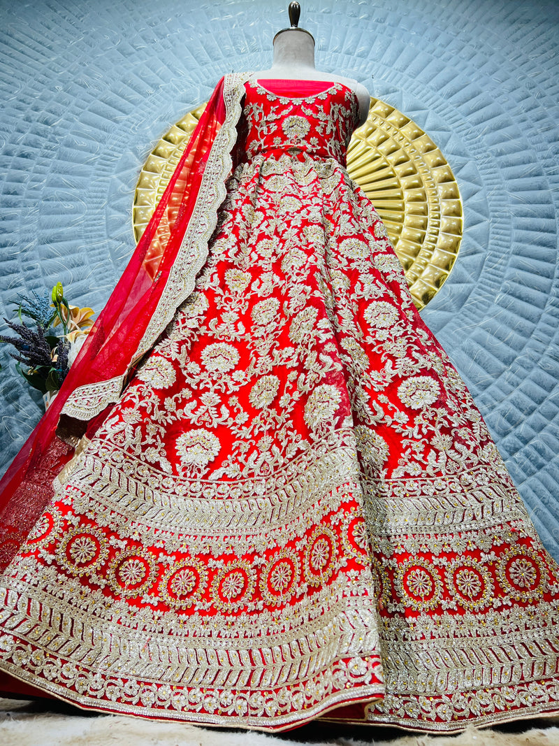 Grand Red Bridal Lehenga Choli with Dazzling Zari & Sequin Artistry