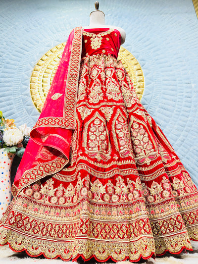 Luxurious Maroon Velvet Bridal Lehenga with Intricate Zardozi & Contrast Dupatta