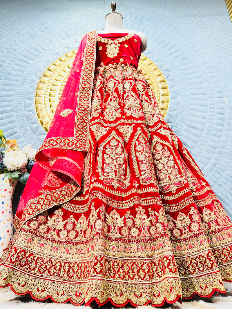 Luxurious Maroon Velvet Bridal Lehenga with Intricate Zardozi & Contrast Dupatta
