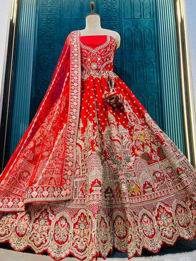 Regal Ruby Red Bridal Lehenga with Gold Zardozi & Elephant Motifs