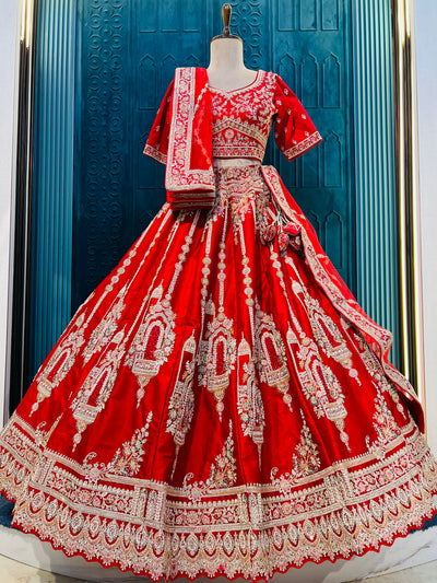Regal Scarlet Red Bridal Lehenga Choli with Intricate Zari Embroidery