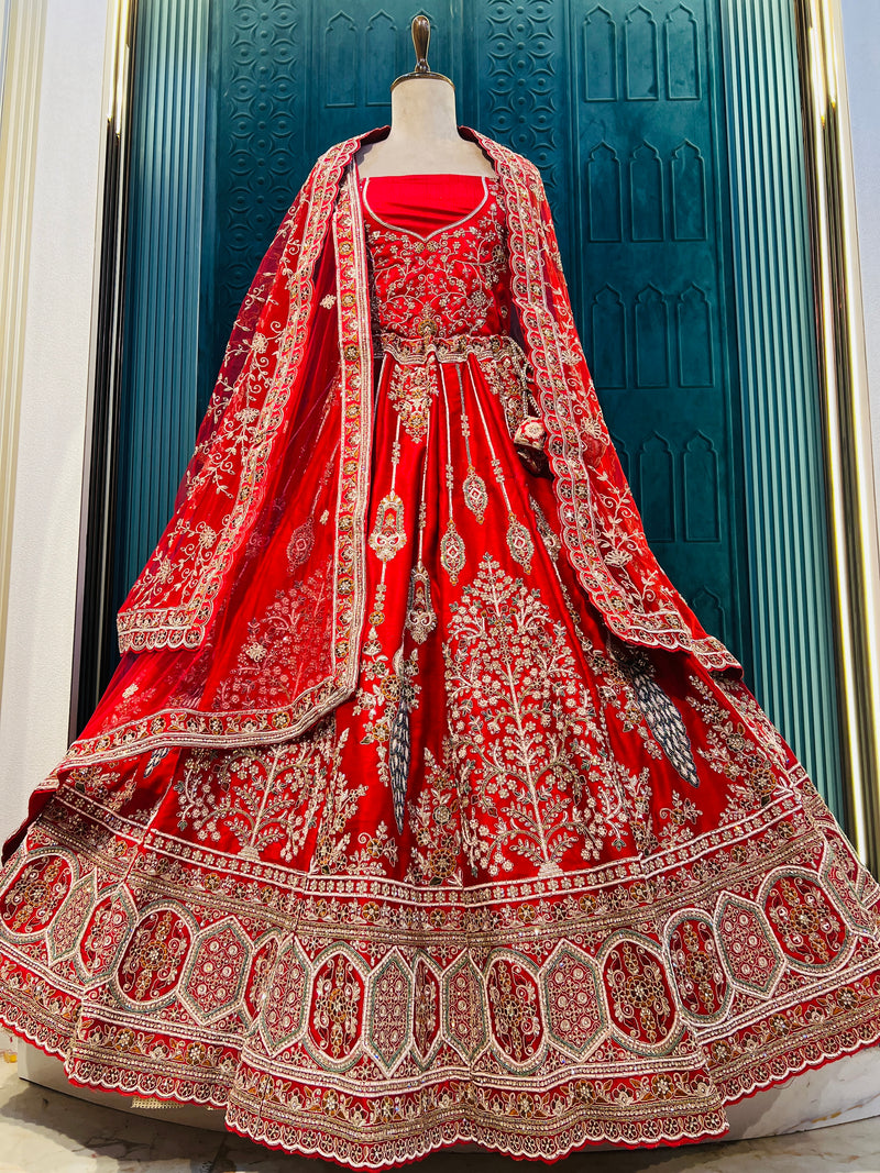 Majestic Maroon Red Velvet Bridal Lehenga with Royal Peacock Motifs