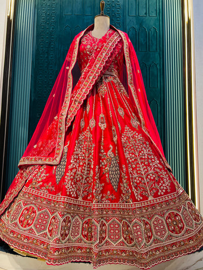 Majestic Crimson Red Bridal Lehenga with Peacock & Floral Embroidery