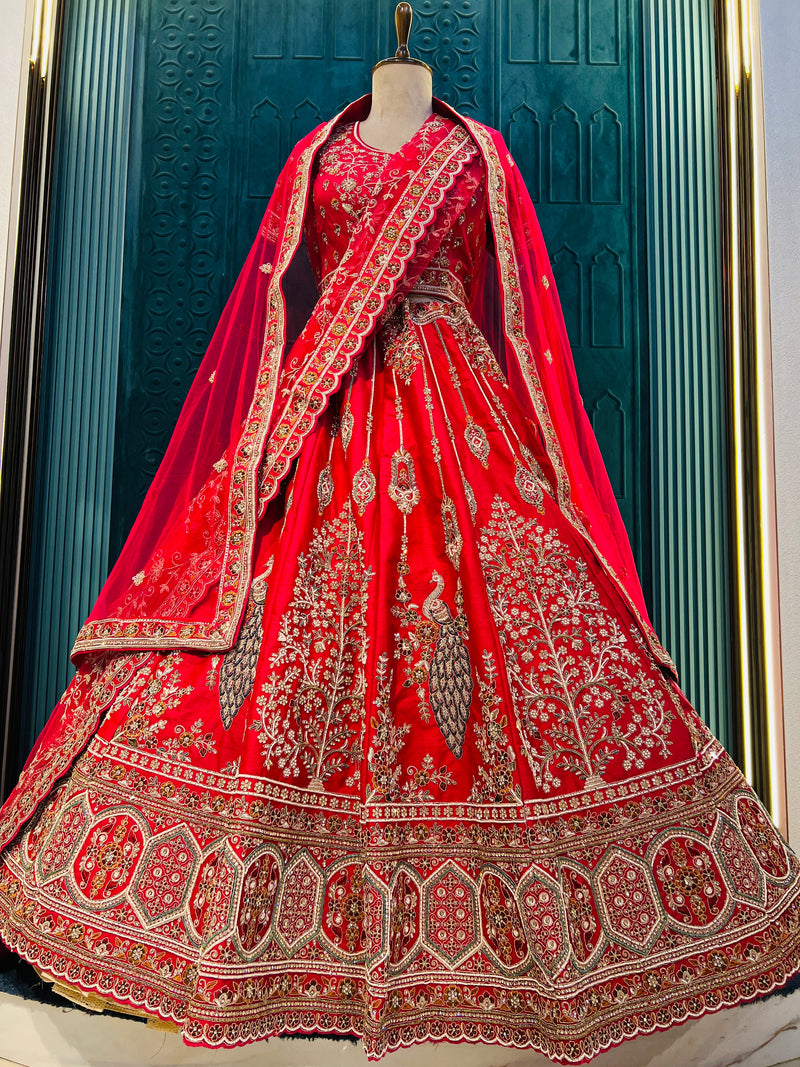 Majestic Crimson Red Bridal Lehenga with Peacock & Floral Embroidery