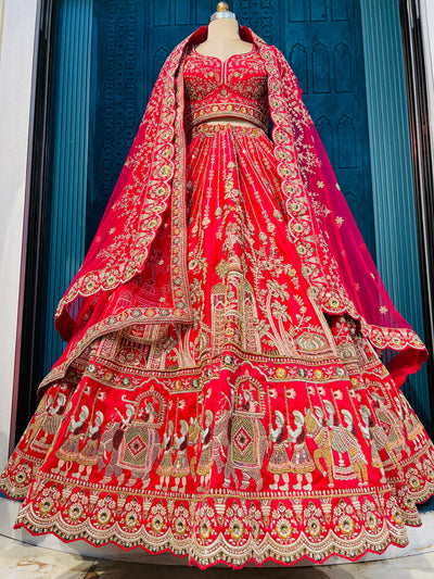 Timeless Ruby Red Bridal Lehenga with Traditional Barat Motifs