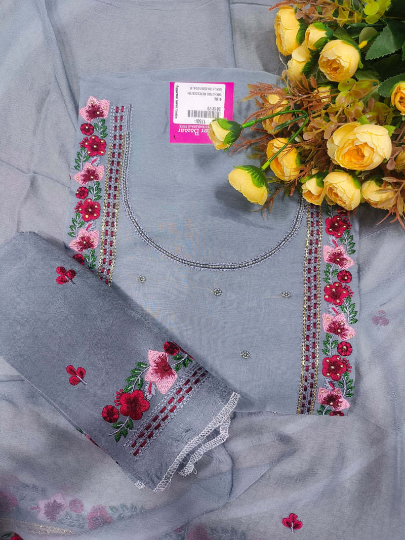 Elegant Sky Blue Floral Embroidered Unstitched Salwar Suit Set