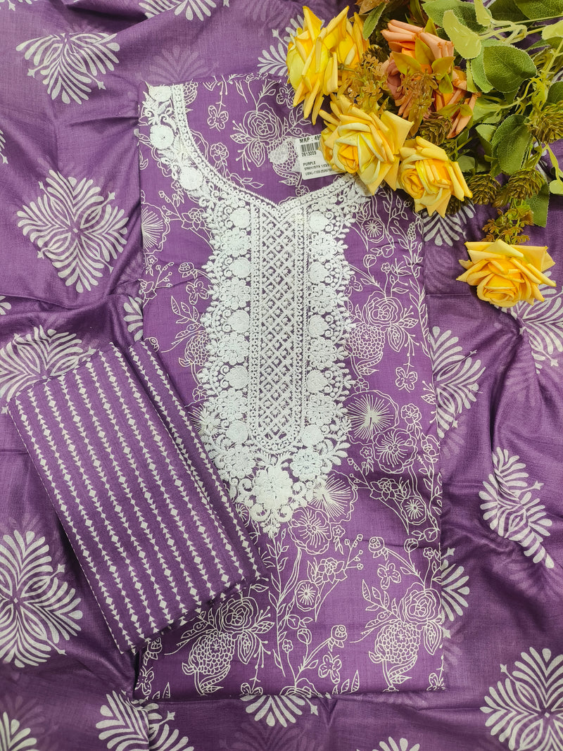Elegant Purple Floral Embroidered Cotton Blend Unstitched Suit
