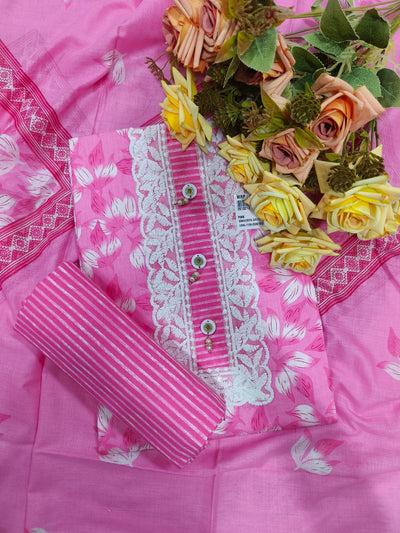 Vivacious Pink Printed Cotton Unstitched Suit Set with Lace
