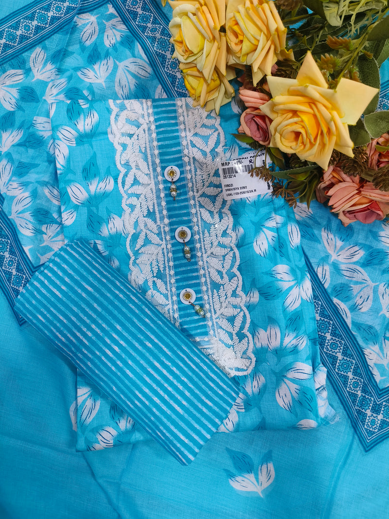 Vivacious Pink Printed Cotton Unstitched Suit Set with Lace