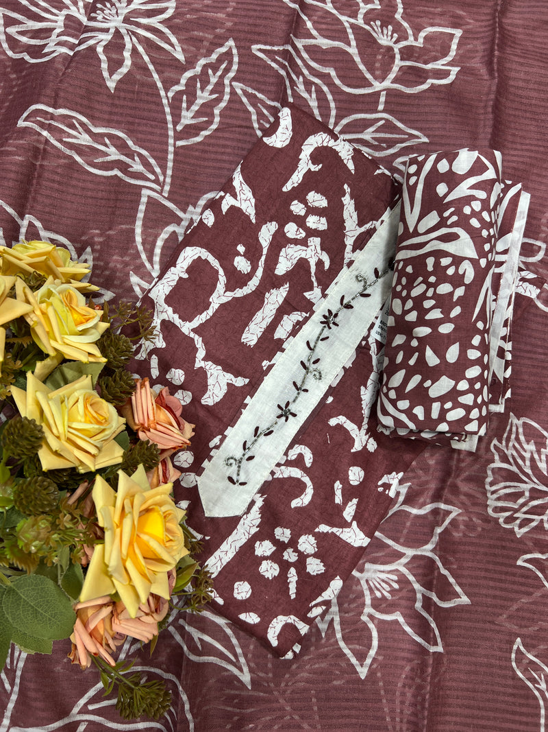 Rustic Brown Batik Cotton Unstitched Suit Set with Embroidered Details