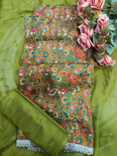 Mehndi Green Embroidered Unstitched Salwar Suit Set