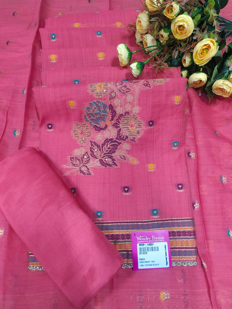 Elegant Peach Embroidered Suit Set with Floral Motifs