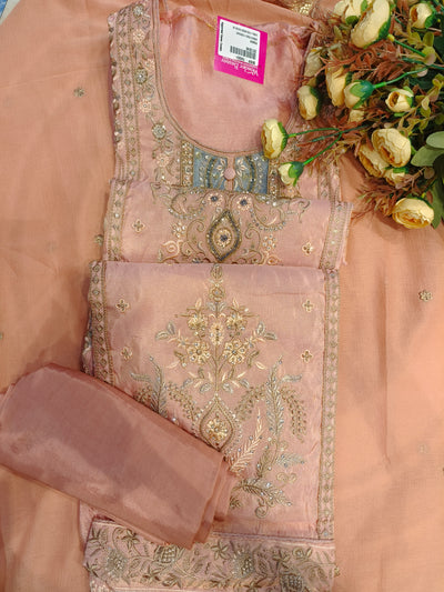 Elegant Peach Designer Unstitched Suit with Zari Embroidery