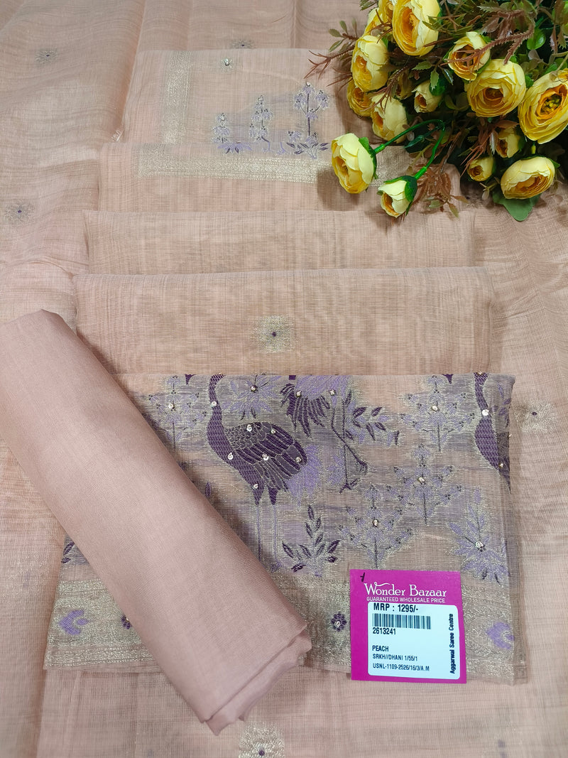 Elegant Peach Cotton Silk Peacock Embroidered Unstitched Salwar Suit