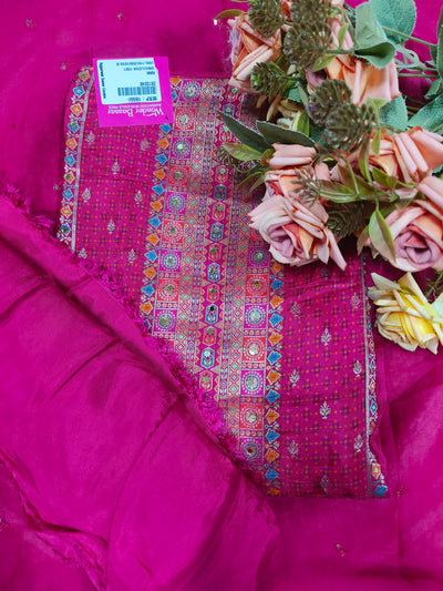 Vibrant Rani Pink Embroidered Unstitched Suit with Mirror Embellishments