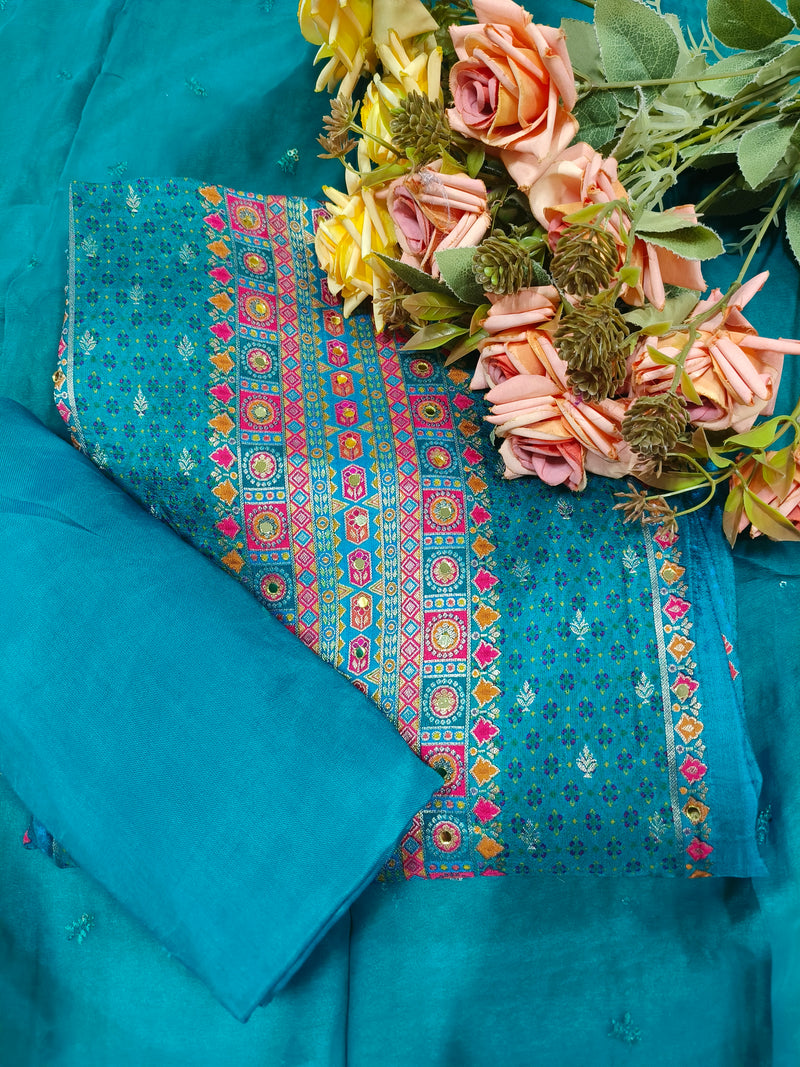 Vibrant Rani Pink Embroidered Unstitched Suit with Mirror Embellishments
