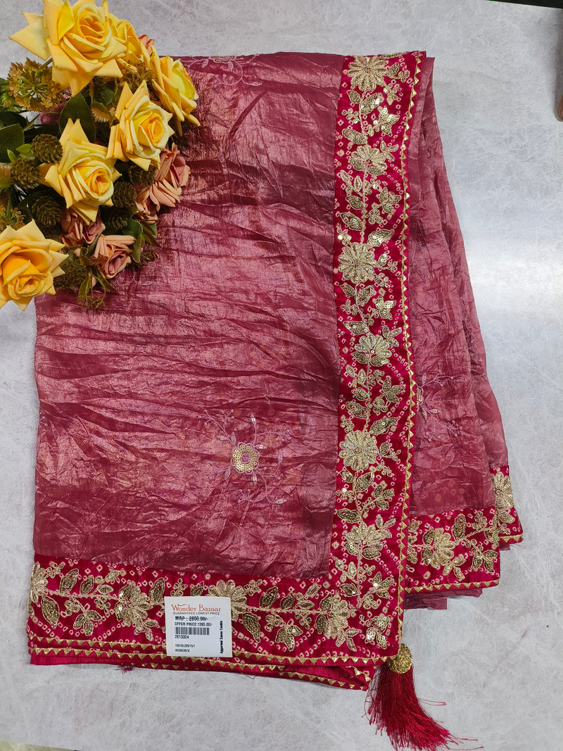 Glamorous Maroon Crushed Saree with Golden Sequin Embroidery