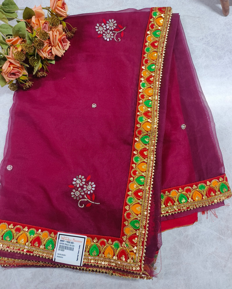 Elegant Maroon Net Saree with Floral Embroidery & Sequin Border