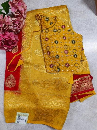 Luxurious Golden Yellow Banarasi Silk Saree with Red Blouse Piece