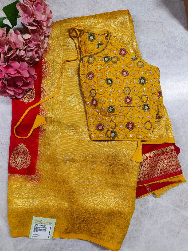 Luxurious Golden Yellow Banarasi Silk Saree with Red Blouse Piece