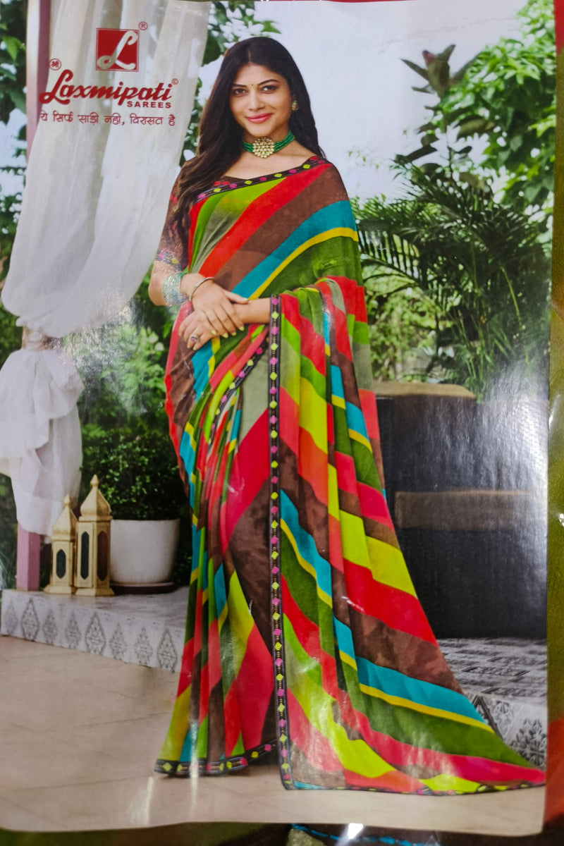 Vibrant Multi-Color Striped Georgette Saree with Embellished Border