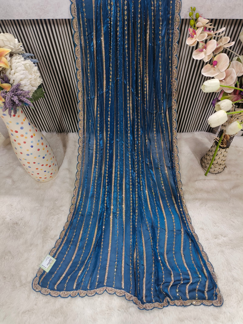 Sparkling Firozi Sequin & Zari Work Georgette Saree