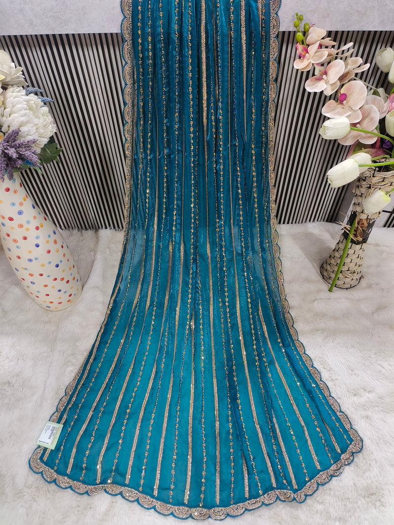 Sparkling Firozi Sequin & Zari Work Georgette Saree